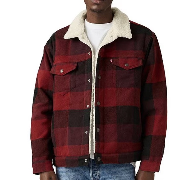 Levi's Sherpa Wool Blend Trucker Jacket in a red and black buffalo plaid pattern - Picture 3 of 10